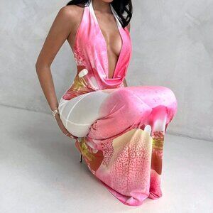 Khaki Sexy Women's Deep V Leopard Print Sequin Lace Tight Haltern Mini Dress